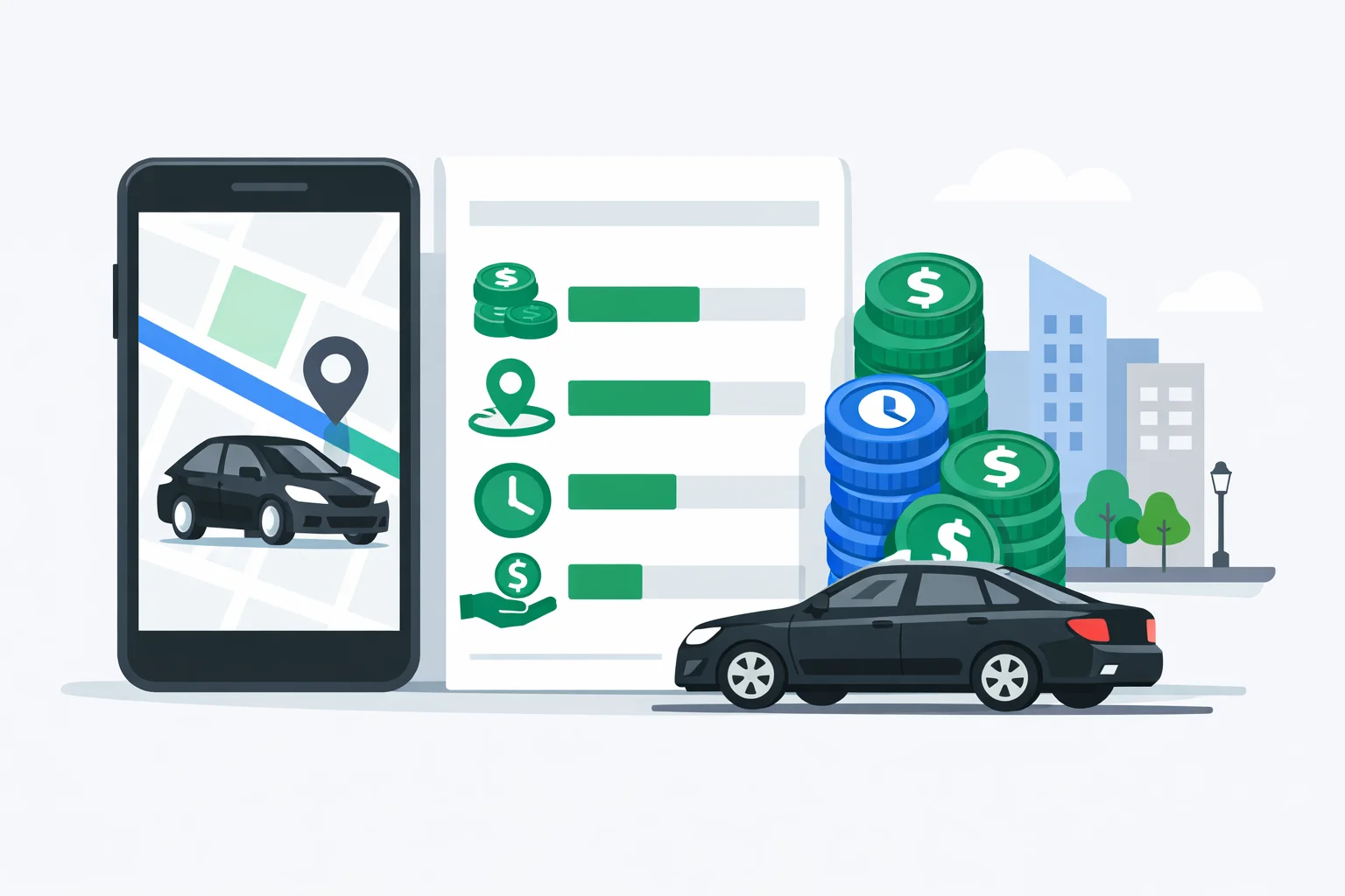 Uber fare calculator showing an itemized ride receipt with base fare, distance, time, surge, and tip charges
