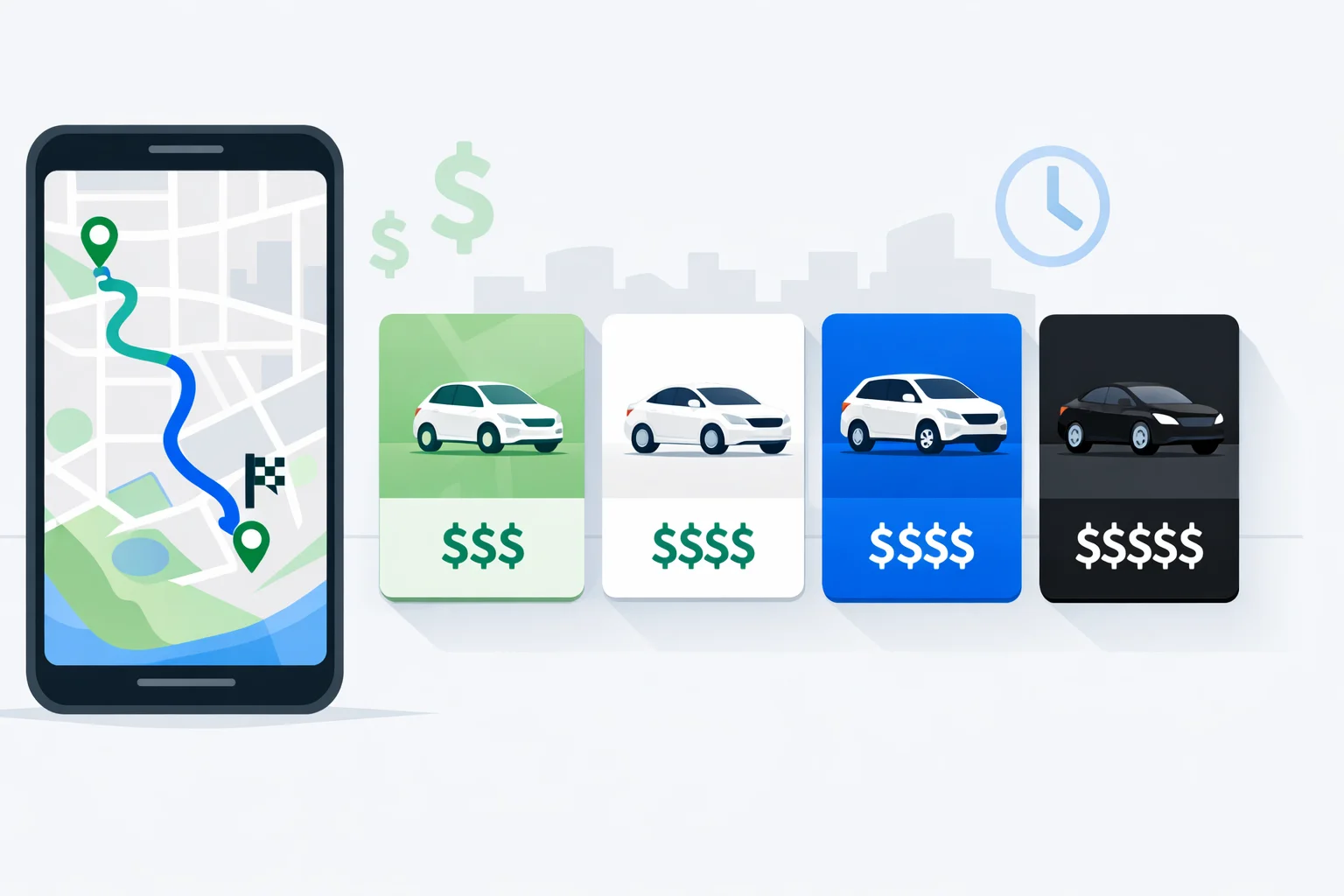 Uber ride estimate tool comparing UberX, Comfort, XL, and Black fares side by side on a city route map