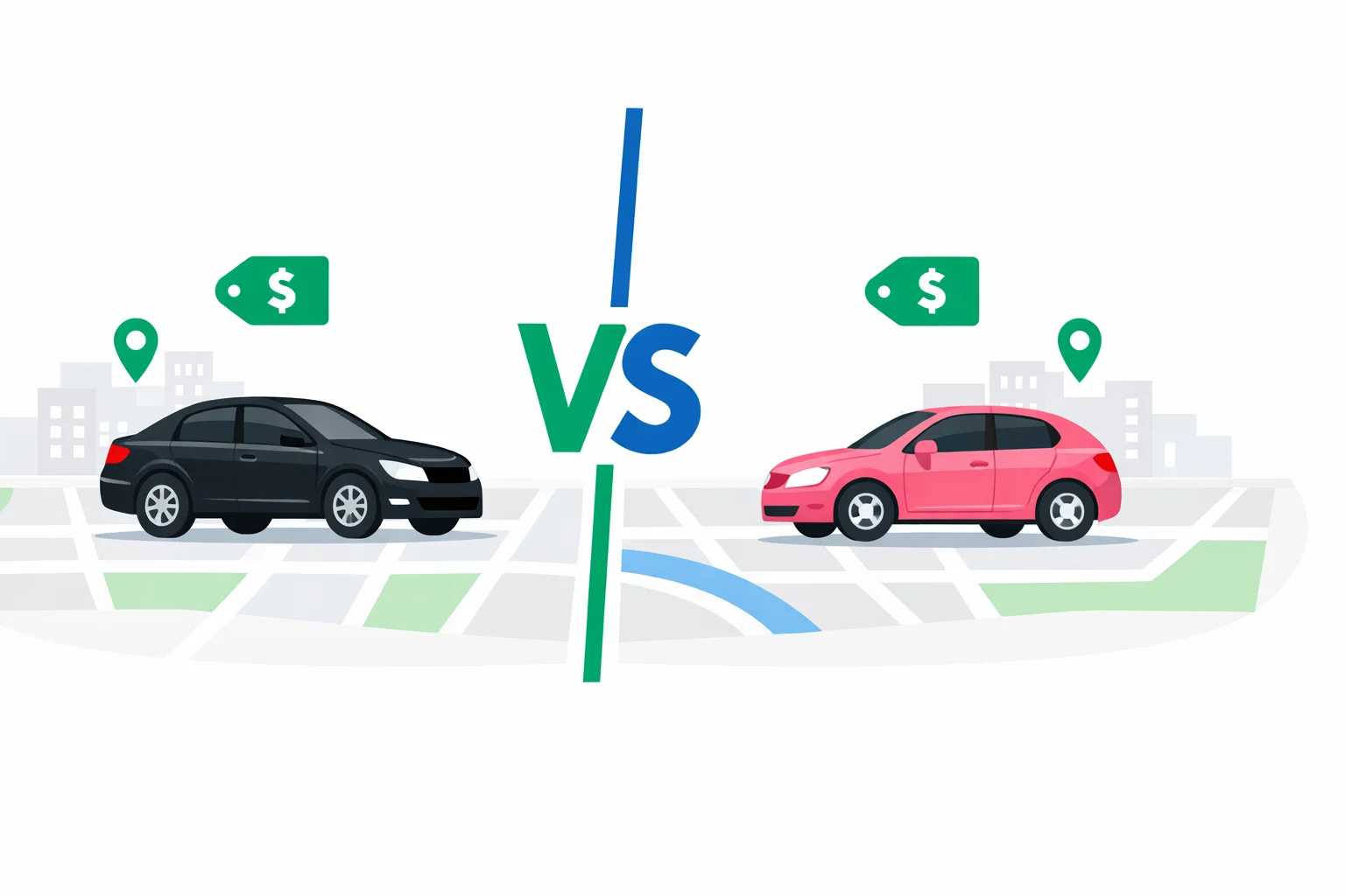 Uber vs Lyft price comparison showing a black Uber car and a pink Lyft car on a split city map with two fare totals