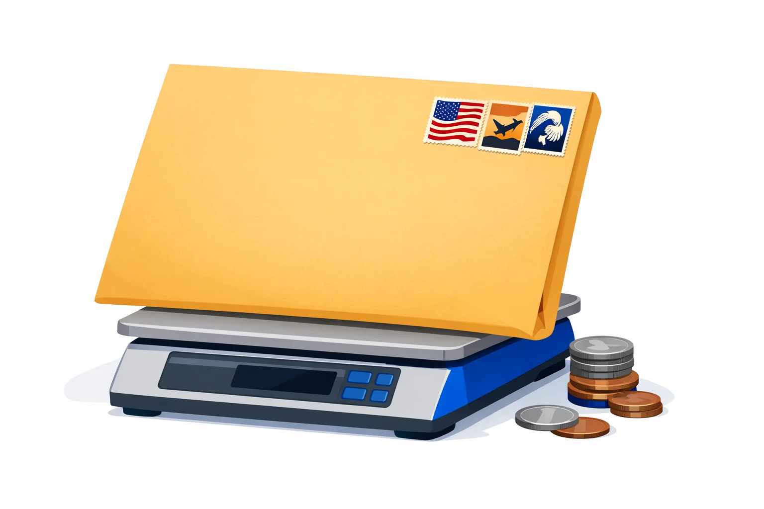 9x12 envelope postage calculator illustration: a manila catalog envelope on a postal scale beside Forever stamps and coins