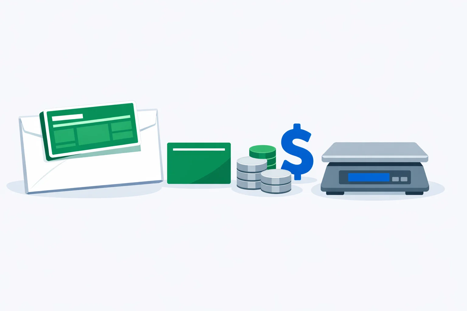 Certified mail cost illustration: envelope with green certified slip, return receipt card, coins and a postal scale