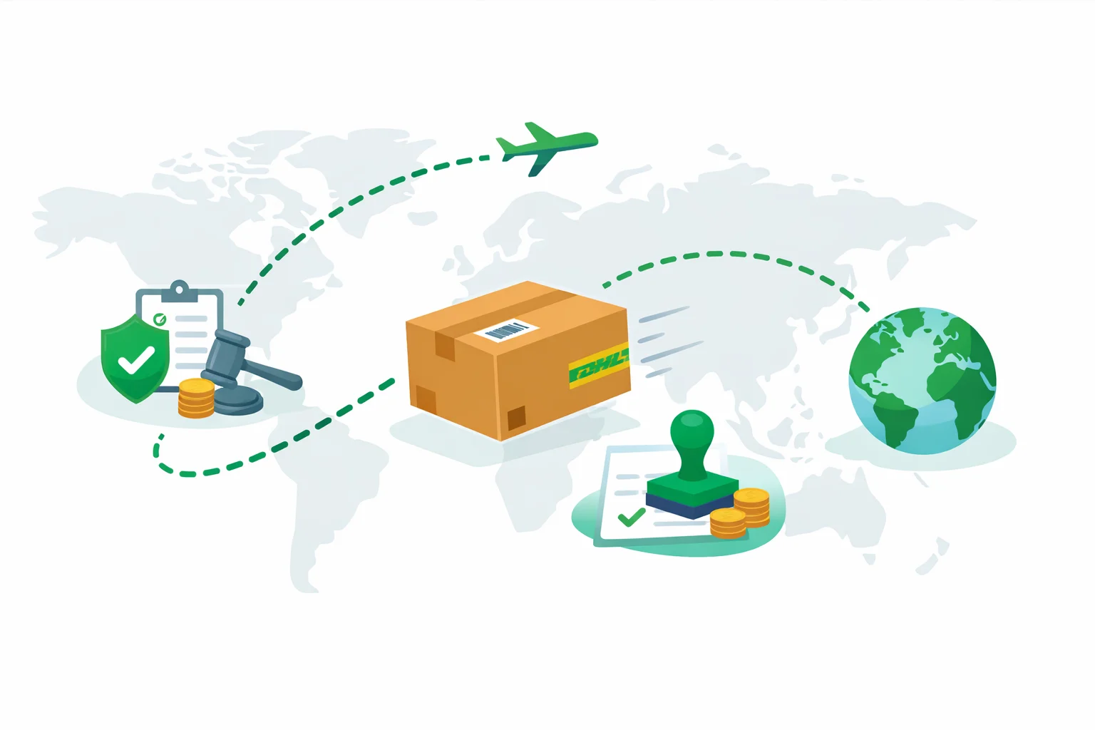 DHL shipping calculator illustration showing a parcel traveling across a world map with customs duty and import tax icons