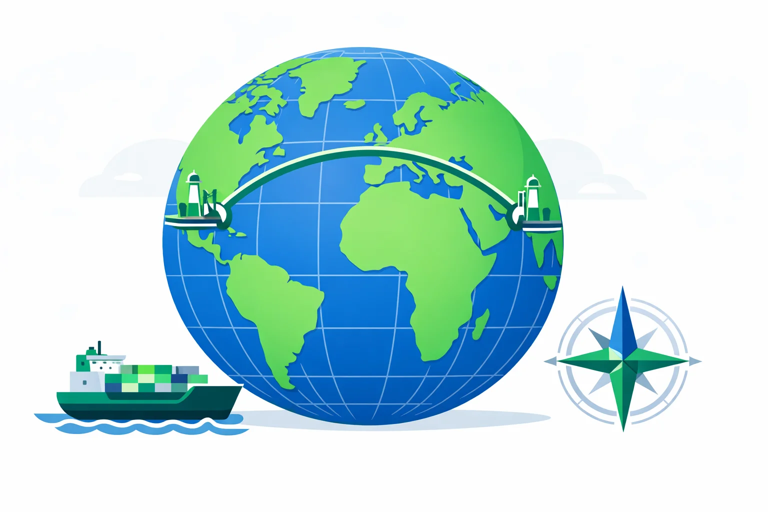 Great circle distance calculator illustration: globe with curved nautical route between two ports, ship, and compass rose