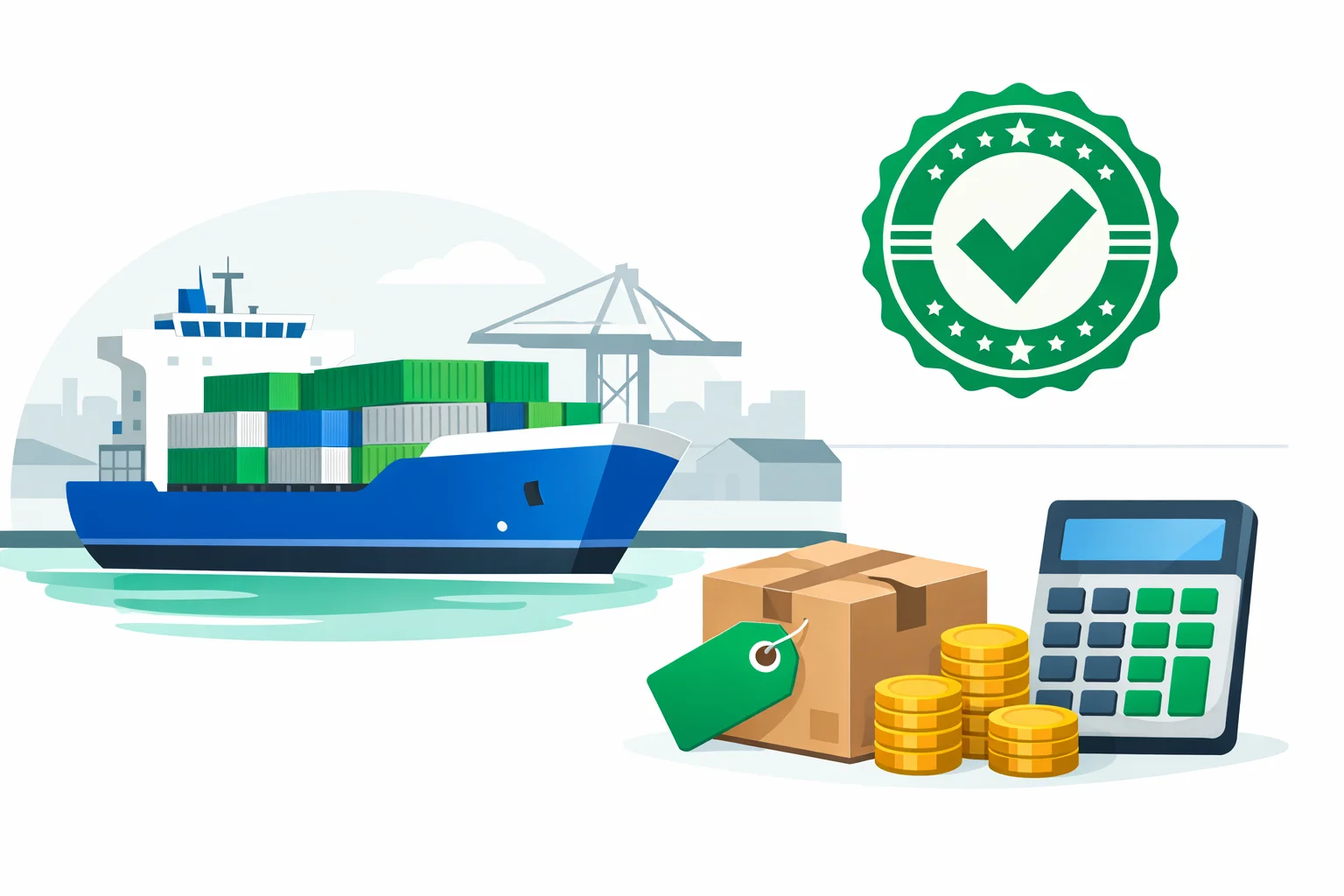 Import duty calculator illustration: cargo ship with containers, customs stamp, and calculator tallying US import fees