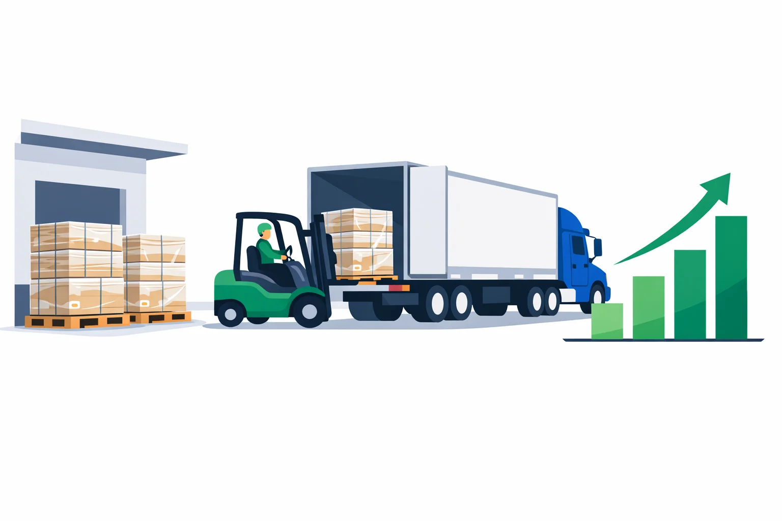LTL freight calculator illustration showing wrapped pallets on a loading dock beside a semi truck and a cost breakdown chart