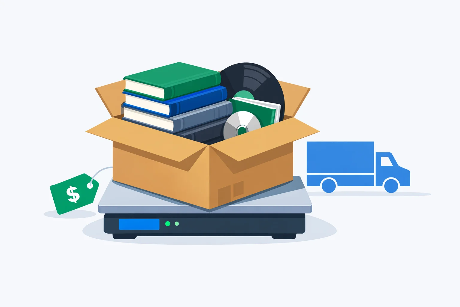 Media Mail calculator illustration showing a box of books and DVDs on a postal scale with a price tag