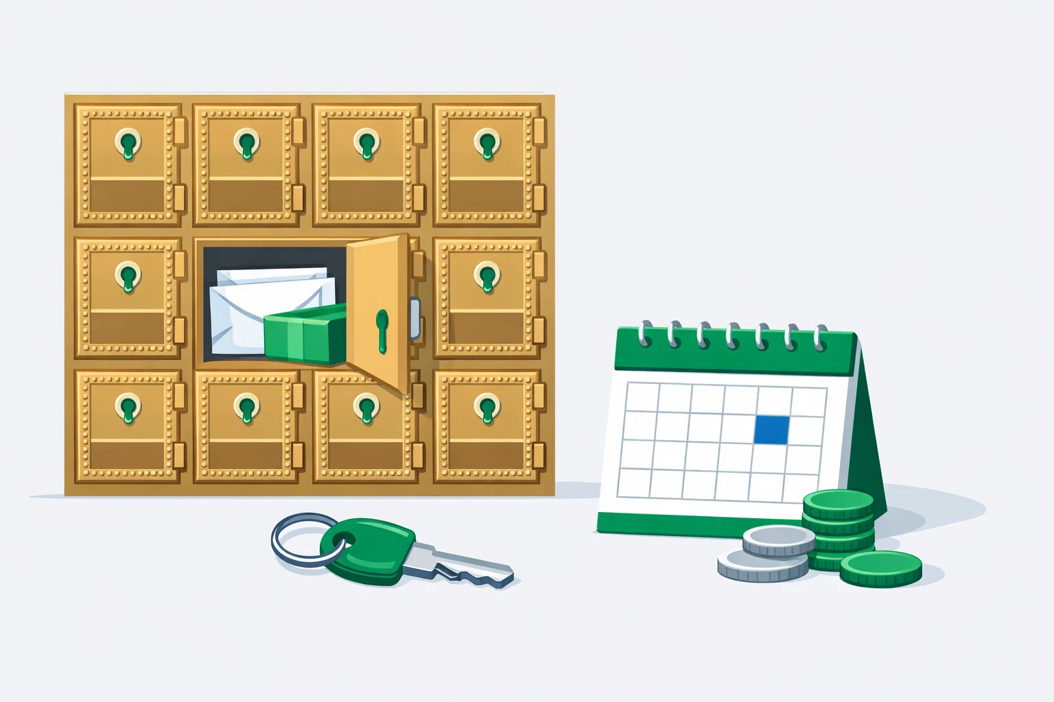 PO Box cost calculator illustration: numbered post office boxes, one open with mail, a key, calendar and coins