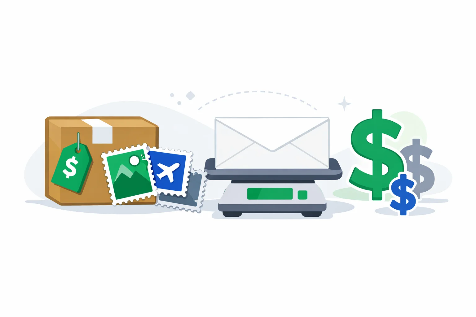 Postage calculator illustration showing a package on a weighing scale with postage stamps and a dollar price tag