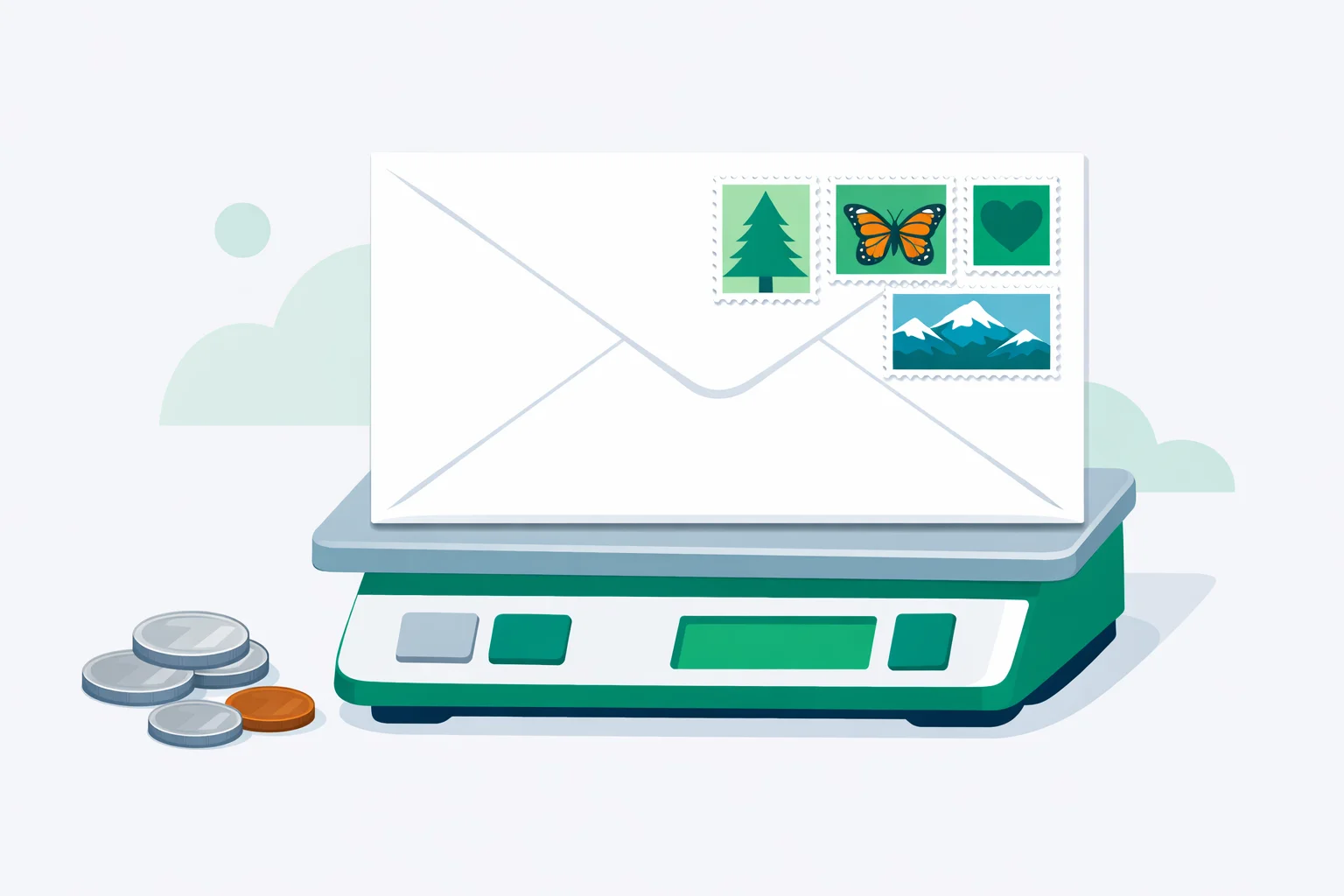 Postage stamp cost calculator illustration showing Forever stamps on a letter beside a scale and US coins