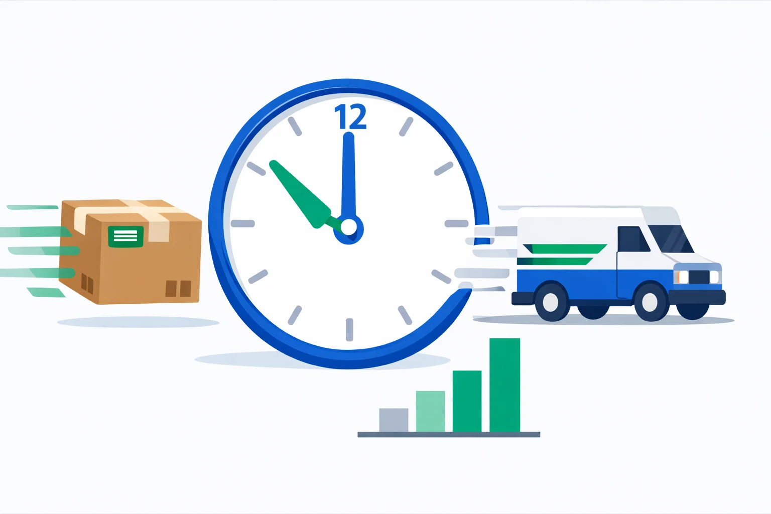 Priority Mail Express calculator illustration: overnight USPS package, clock, speeding delivery truck, and cost chart