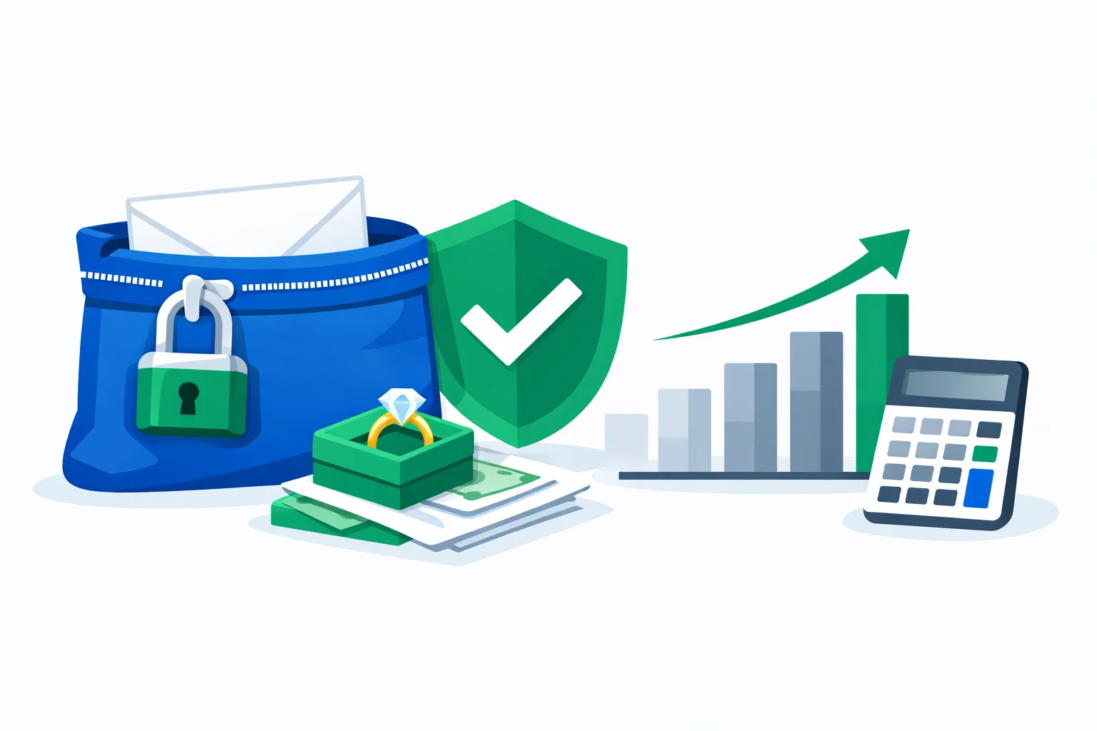 Registered Mail cost calculator illustration: locked mail pouch with envelope, shield, and rising fee chart beside a calculator