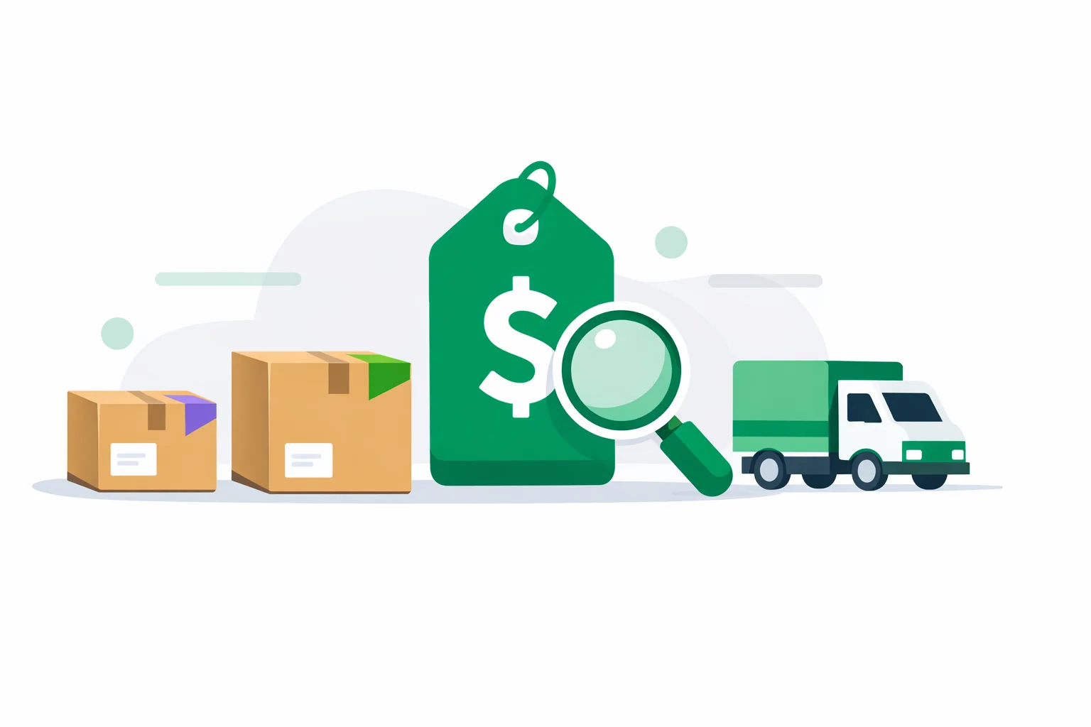 Shipping price calculator comparing USPS, UPS, and FedEx box rates side by side with a price tag and delivery truck