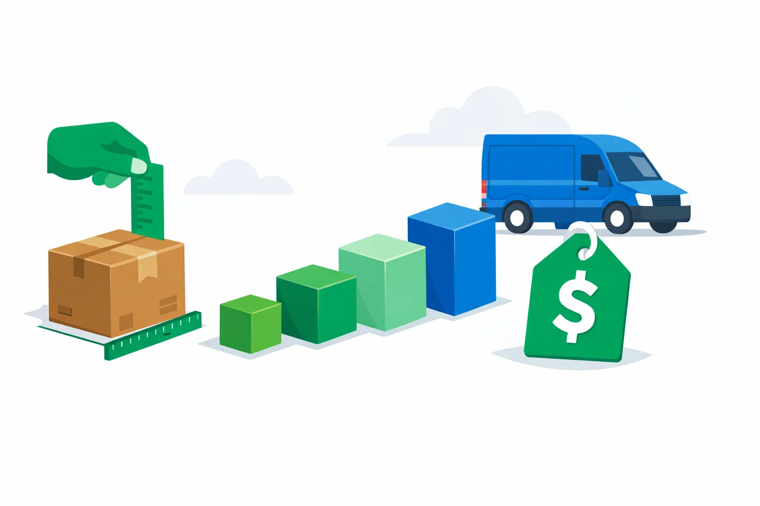 USPS cubic pricing calculator illustration: small box measured with a ruler beside stacked cubic tier blocks and a price tag