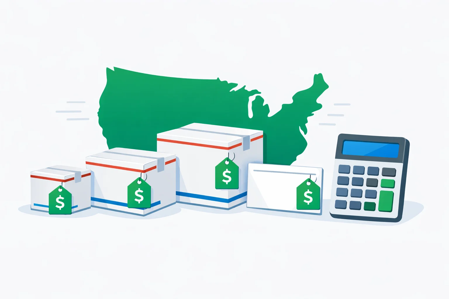 USPS Flat Rate calculator illustration showing Priority Mail flat rate boxes of different sizes with price tags and a US map