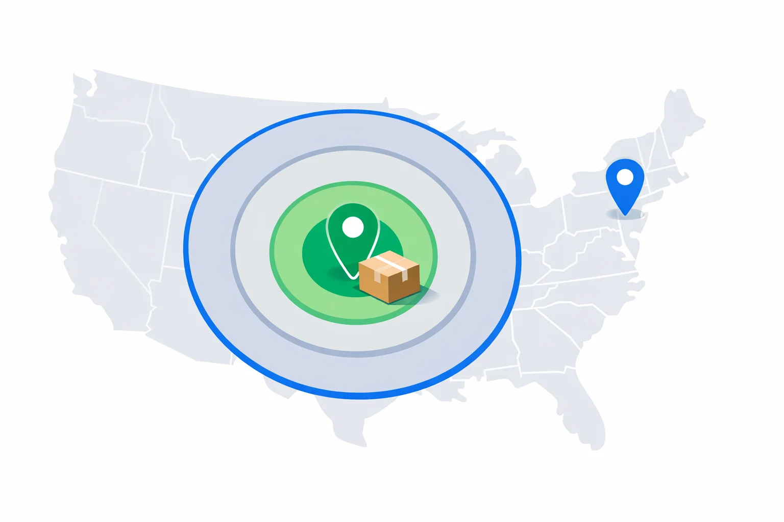 USPS shipping zone calculator illustration: US map divided into numbered distance rings around an origin point with a package
