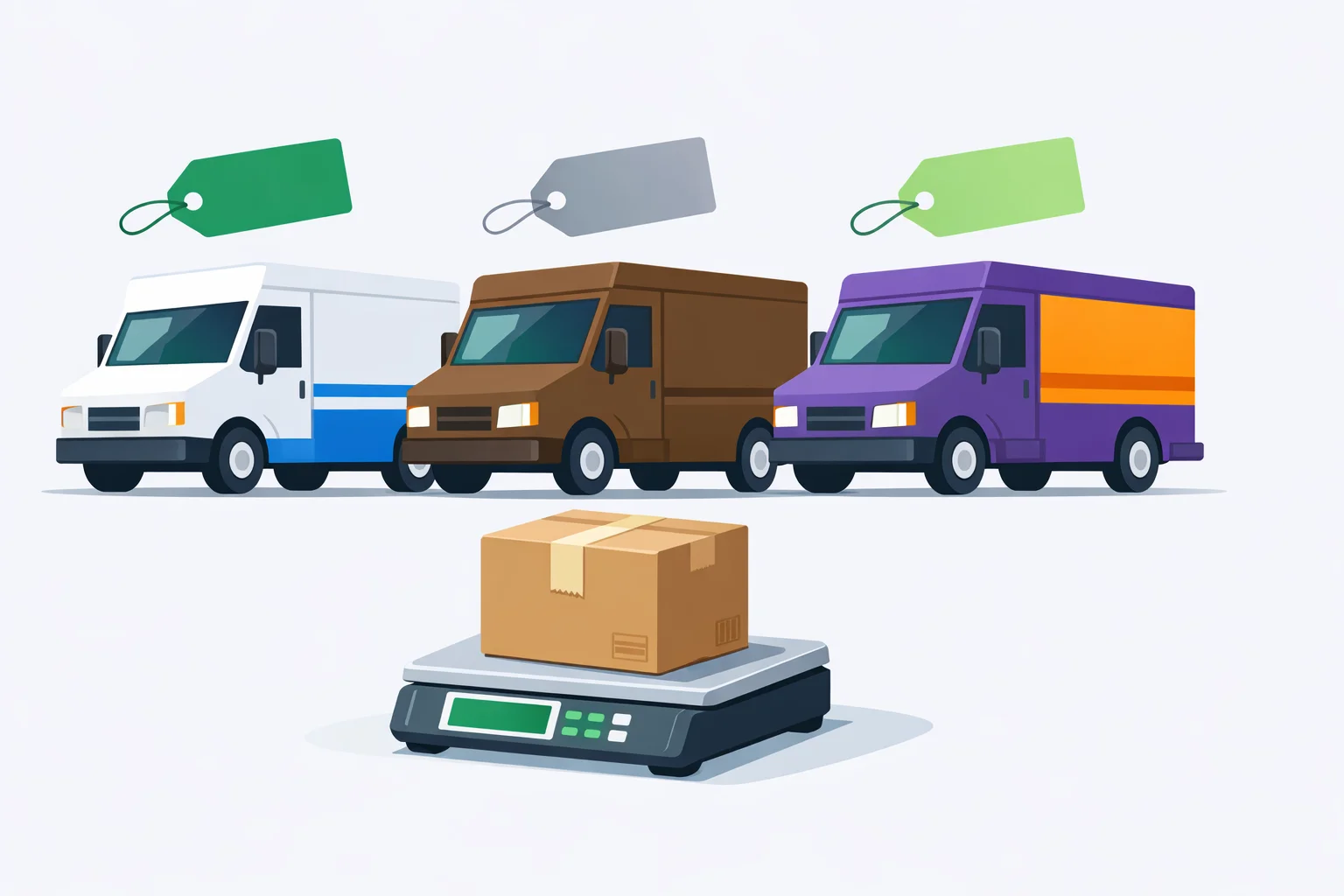 USPS vs UPS vs FedEx calculator illustration: three delivery trucks with price tags above a package on a shipping scale