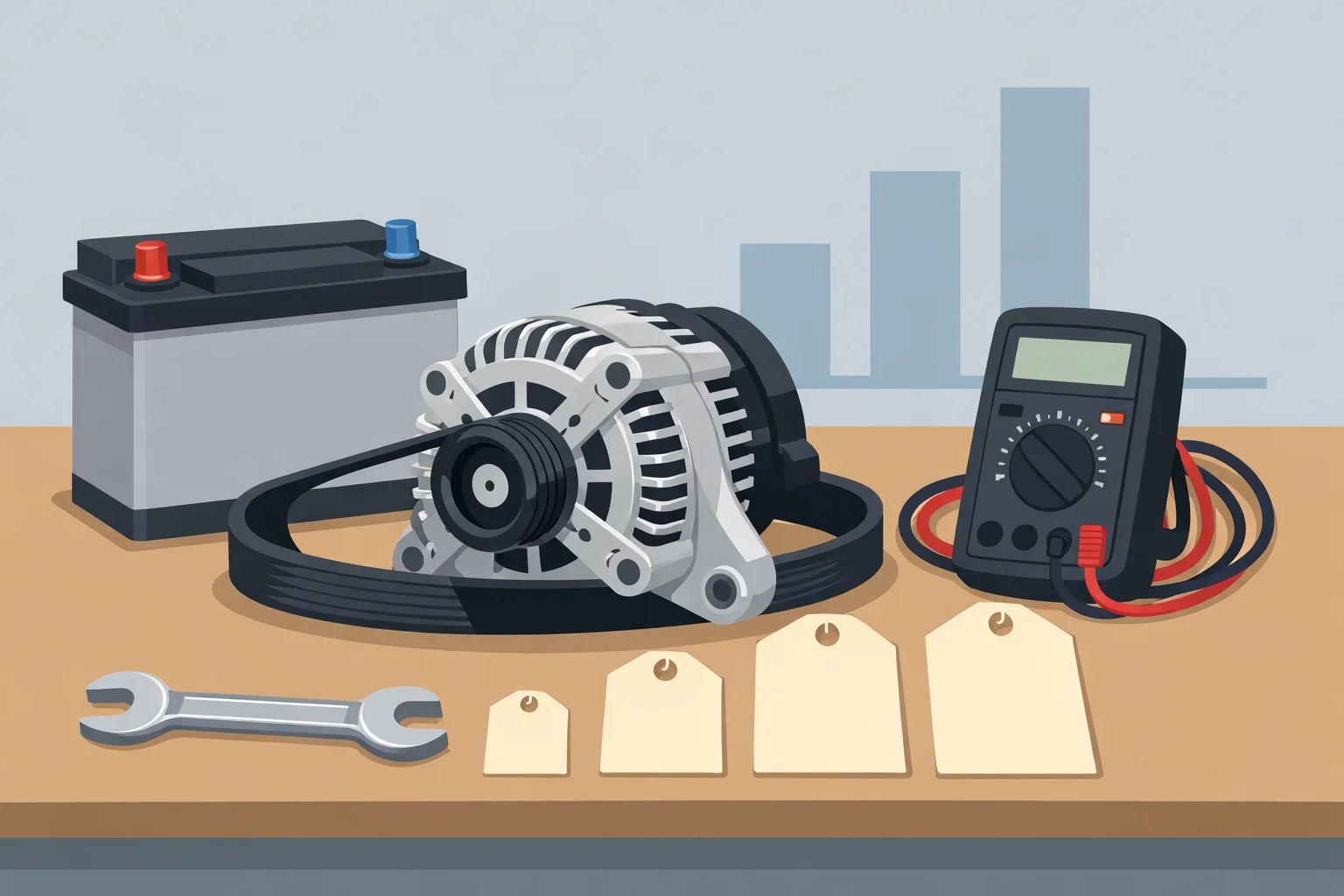 Alternator and serpentine belt on a workbench beside a car battery, multimeter, wrench and four rising price tags