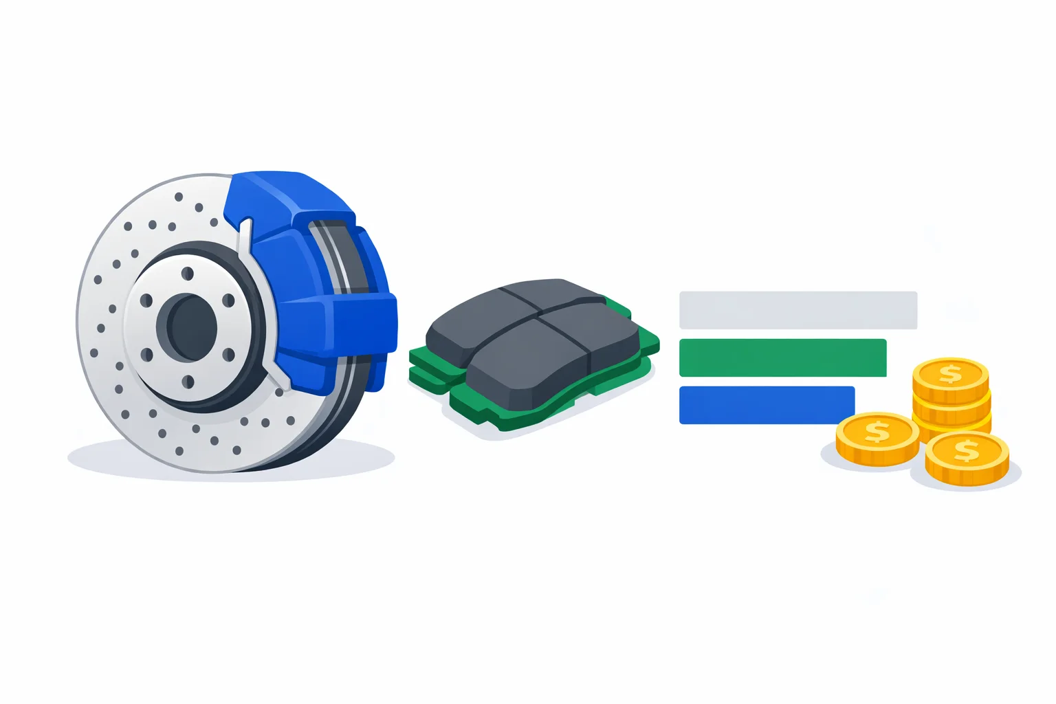 Brake pad replacement cost calculator illustration showing a disc brake rotor, caliper, fresh brake pads, and a cost breakdown with dollar signs