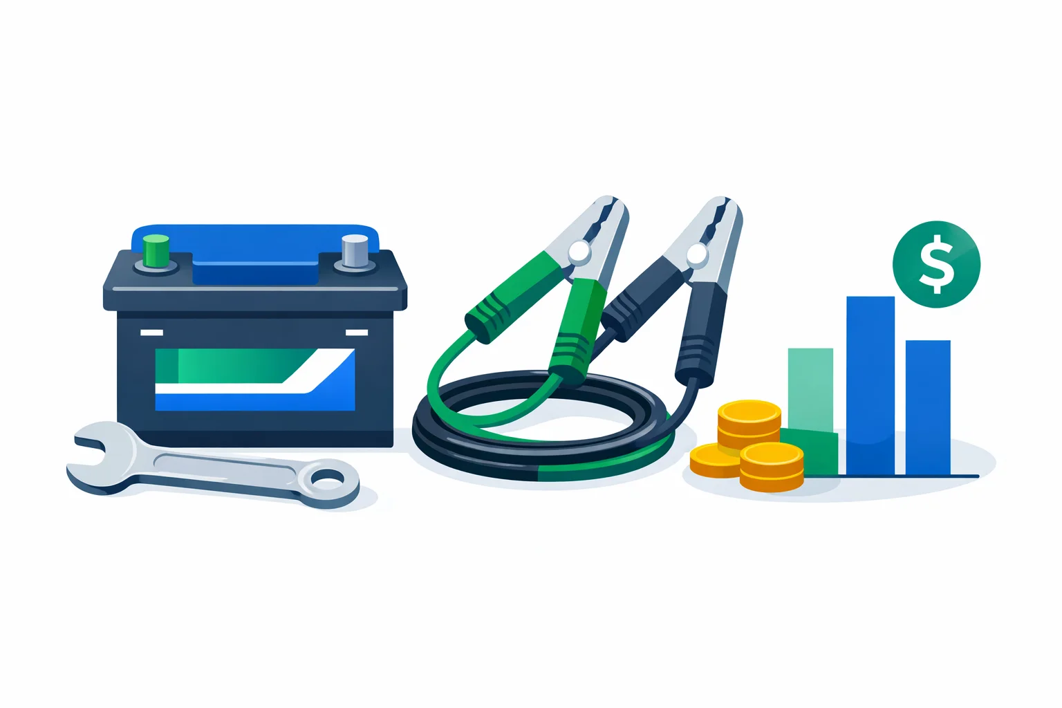 Car battery replacement cost calculator illustration showing a 12-volt car battery, jumper cables, and a price breakdown with dollar signs
