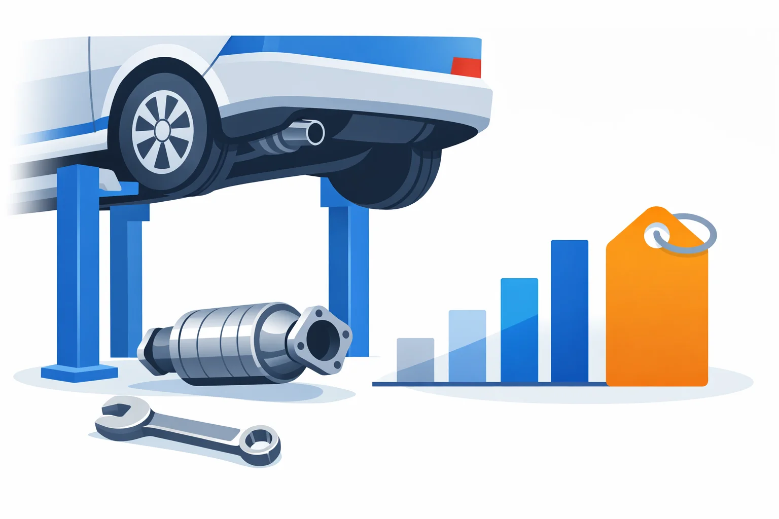 Catalytic converter replacement cost illustration: converter under a car on a lift with price tags and a cost chart