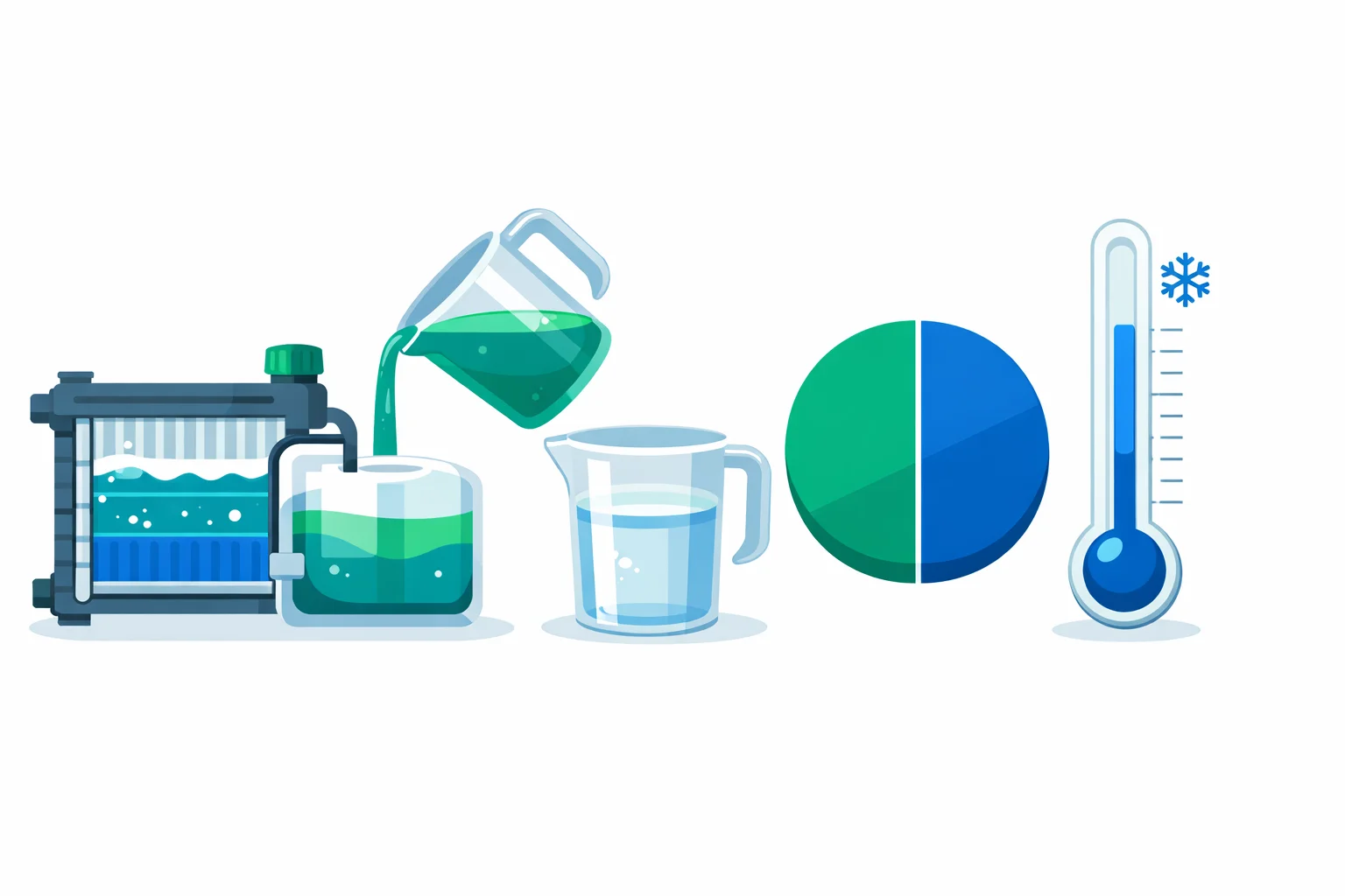 Coolant mix calculator illustration: radiator, antifreeze and water jugs, a 50/50 ratio chart and a sub-zero thermometer