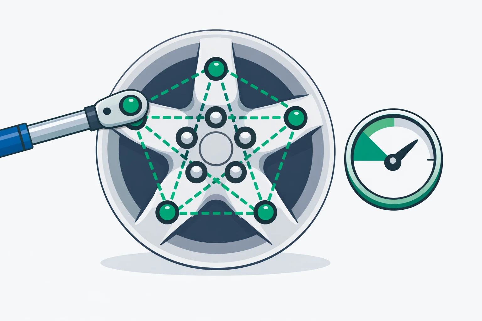 Torque wrench tightening a lug nut on a five-lug alloy wheel with the star tightening sequence traced between the nuts