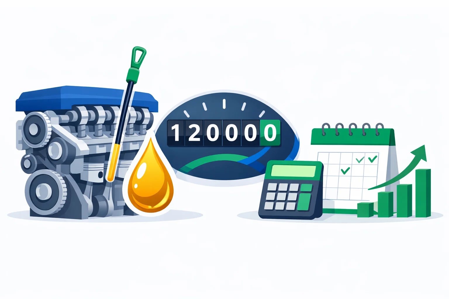 Oil change calculator illustration showing an engine, oil dipstick, odometer, and a calendar with a rising cost chart