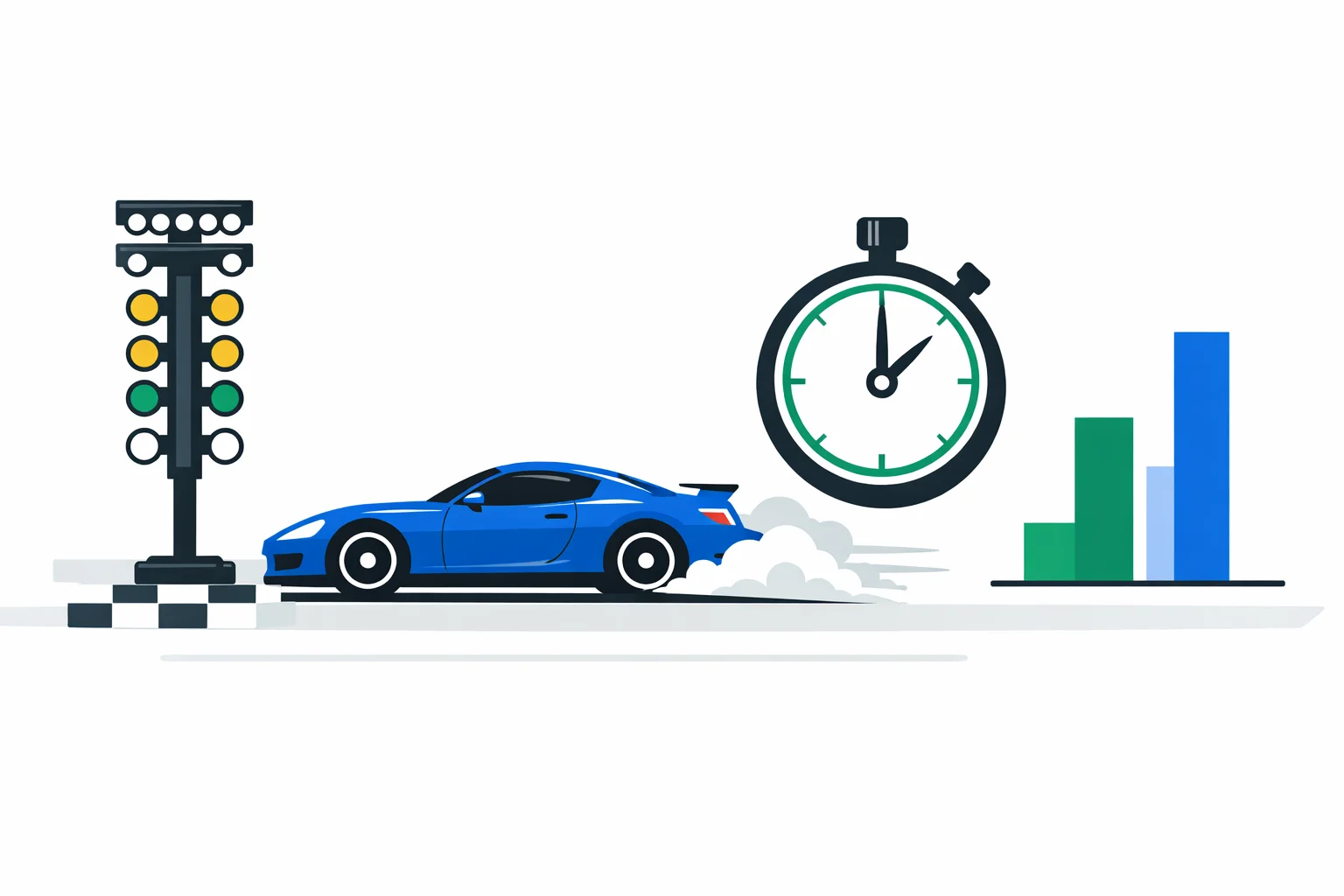 Quarter mile calculator illustration: blue sports car launching past a drag strip light tree, stopwatch and timing chart