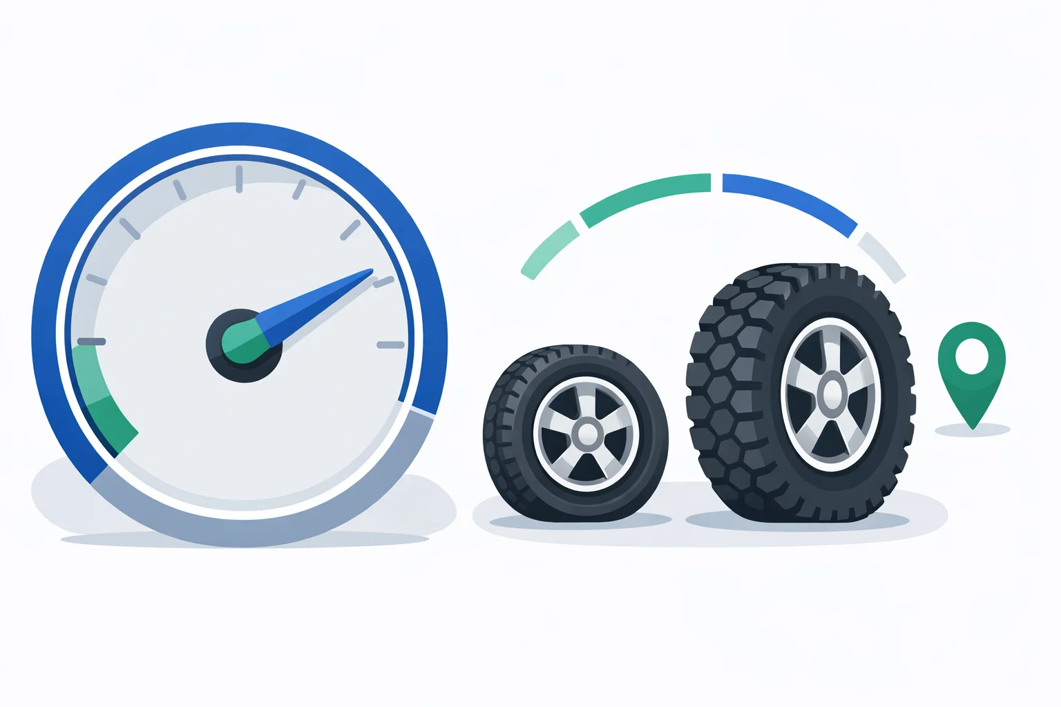 Speedometer error calculator illustration showing a gauge dial beside a stock tire and a taller off-road tire with a GPS pin