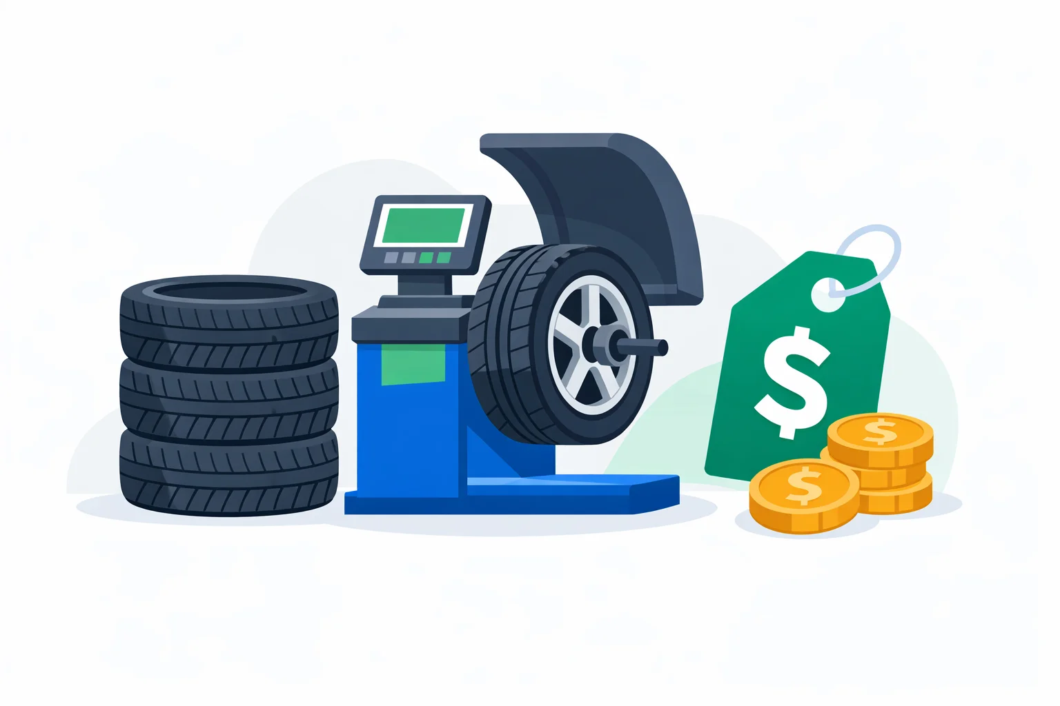 Tire replacement cost calculator illustration showing four new tires, a wheel balancer, and a price breakdown with dollar signs