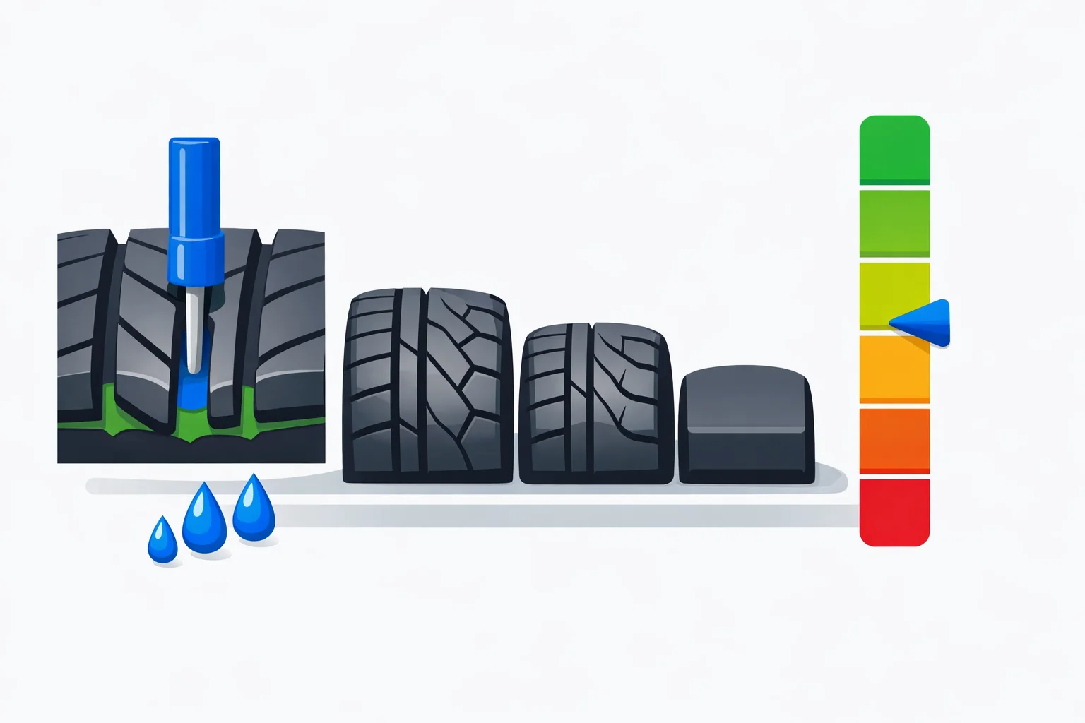 Tire tread depth gauge in a groove beside a wear scale running from new tread to the 2/32 inch wear bar
