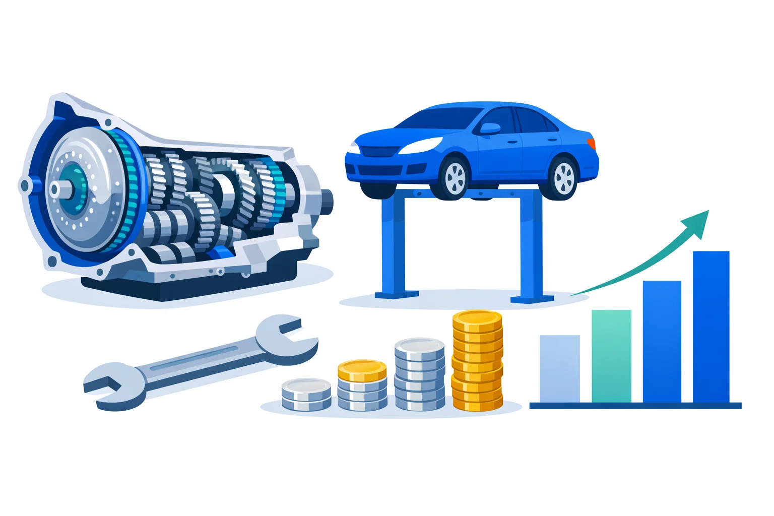 Transmission replacement cost illustration: cutaway automatic gearbox, car on a repair lift, coins and a cost chart