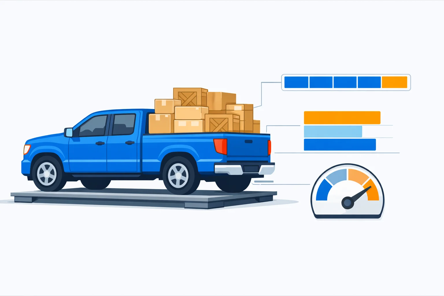 Truck payload capacity calculator illustration: loaded pickup on a weighbridge scale beside a payload capacity meter