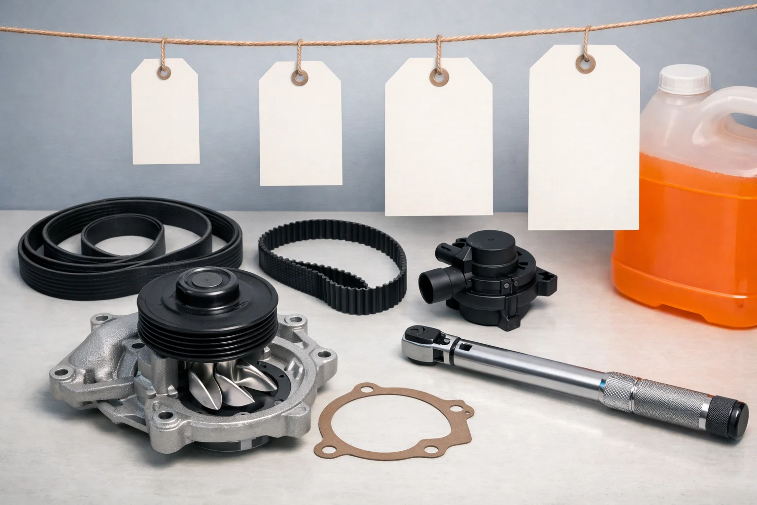 Water pump with pulley, impeller and gasket beside a serpentine belt, a timing belt, an electric pump, coolant and price tags